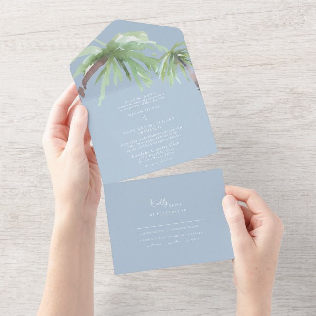 Invitación Todo En Uno Boda de Palm Sky Blue (desgarro)