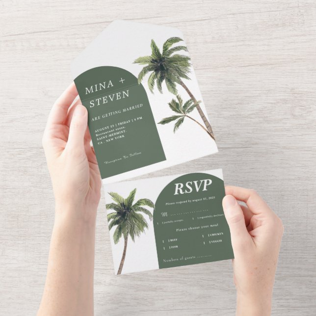 Invitación Todo En Uno Boda de palmera de arco verde (desgarro)