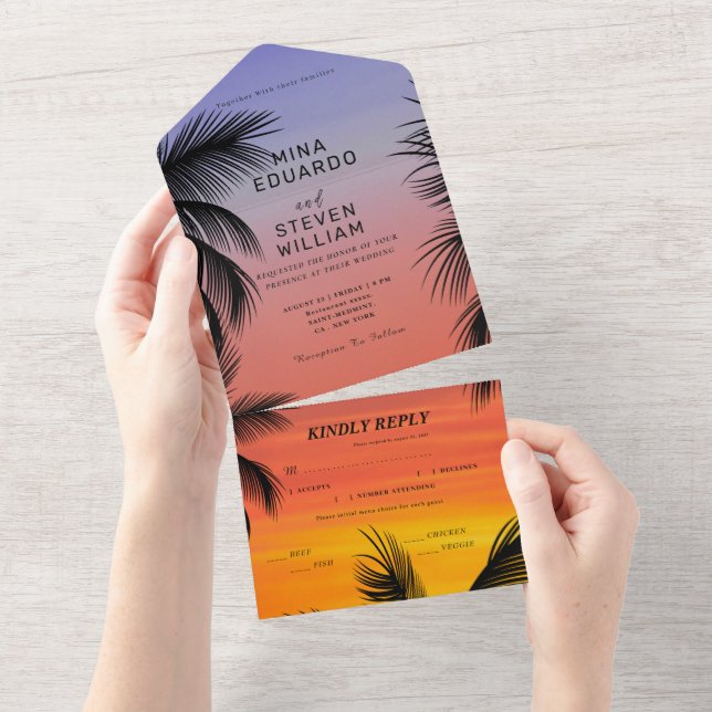 Invitación Todo En Uno Boda de palmera de sol acuática (desgarro)