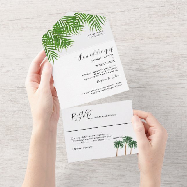 Invitación Todo En Uno Boda de palmeras acuáticas modernas (desgarro)