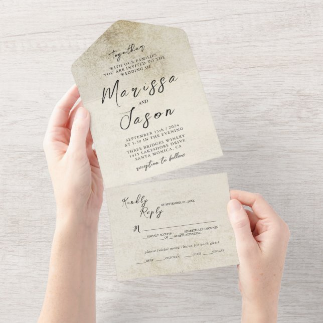 Invitación Todo En Uno Boda de papel antiguo simple y elegante (desgarro)