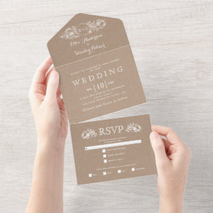Invitación Todo En Uno Boda de papel color beige kraft de marco floral vi