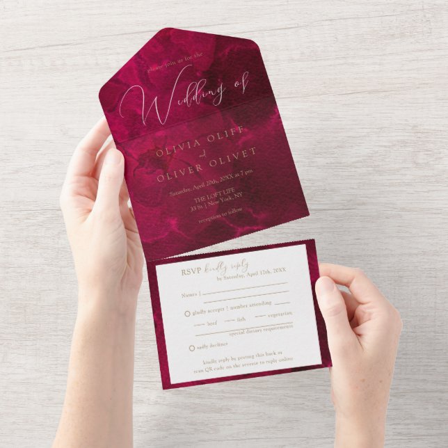 Invitación Todo En Uno Boda de pasión de Borgoña (desgarro)