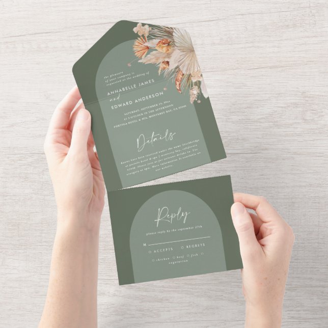 Invitación Todo En Uno Boda de pasto bohemio sage Green (desgarro)