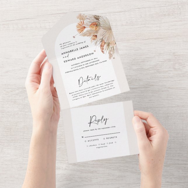 Invitación Todo En Uno Boda de pasto de pampas botánicas todo en uno (desgarro)