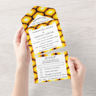 Invitación Todo En Uno Boda de patrón colorido retro vintage de los años 