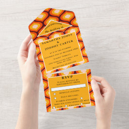 Invitación Todo En Uno Boda de patrón colorido retro vintage de los años 