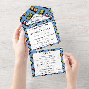 Invitación Todo En Uno Boda de patrón de cassette retro vintage de los añ
