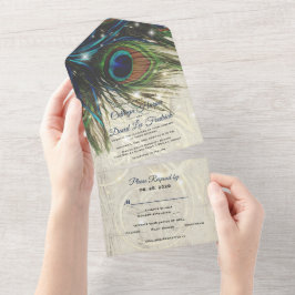 Invitación Todo En Uno Boda de pavos turquesa de la Marina Rusa de Madera