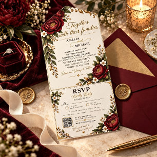 Invitación Todo En Uno Boda de Peonía Burgundy Old Money