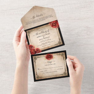 Invitación Todo En Uno Boda de pergamino negro de oro rosa roja vintage
