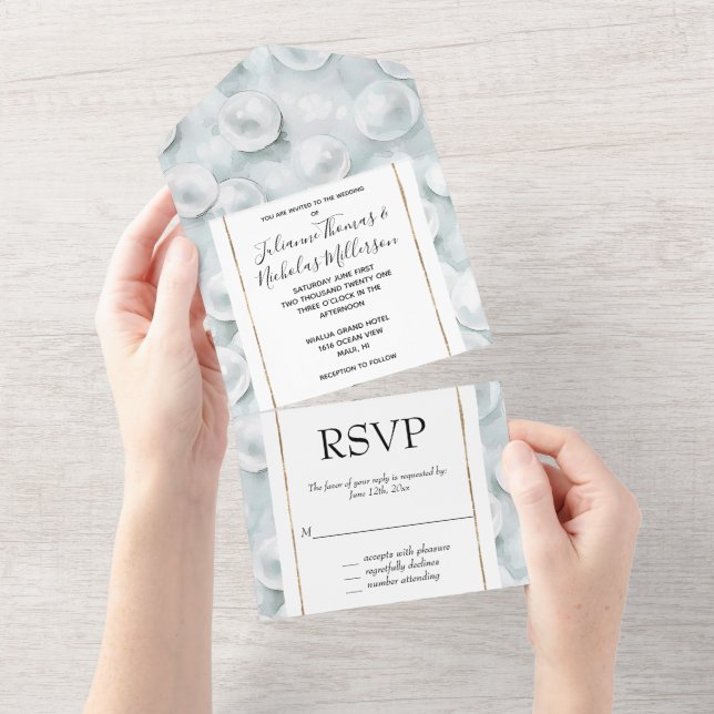 Invitación Todo En Uno Boda de Perlas Blancas Tropicales (desgarro)