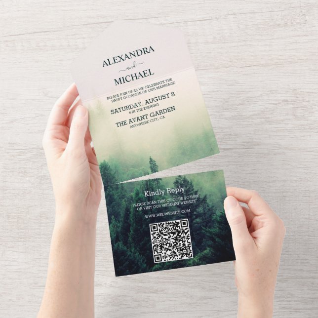 Invitación Todo En Uno Boda de Pino Acuarela Verde Esmeralda (desgarro)