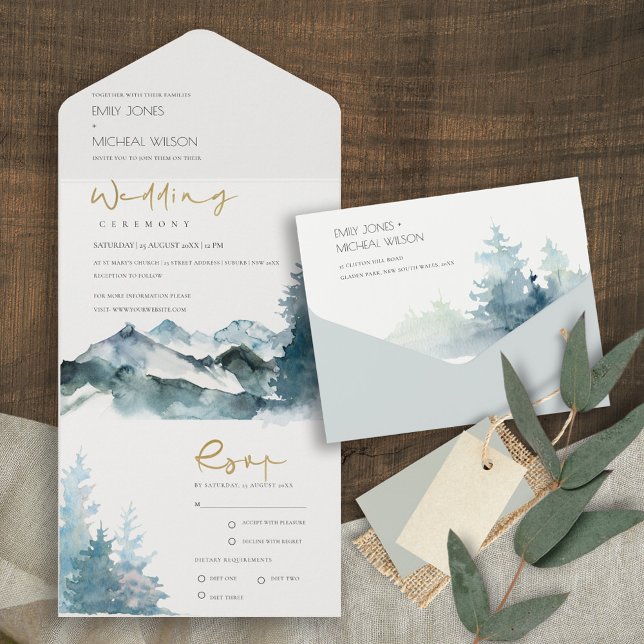 INVITACIÓN TODO EN UNO BODA DE PINOS GRIS RUBOR VERDE AZUL MOUNTAINA (Subido por el creador)