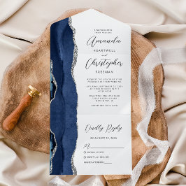 Invitación Todo En Uno Boda de plata azul marino ágata