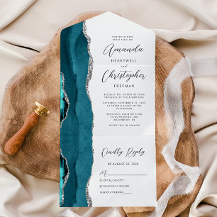 Invitación Todo En Uno Boda de plata azul teal ágata
