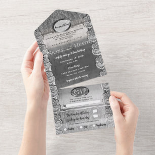 Invitación Todo En Uno Boda de plata de madera gris de encaje blanco anti