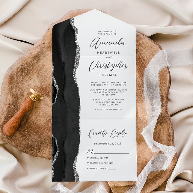 Invitación Todo En Uno Boda de plata negra de ágata (Subido por el creador)