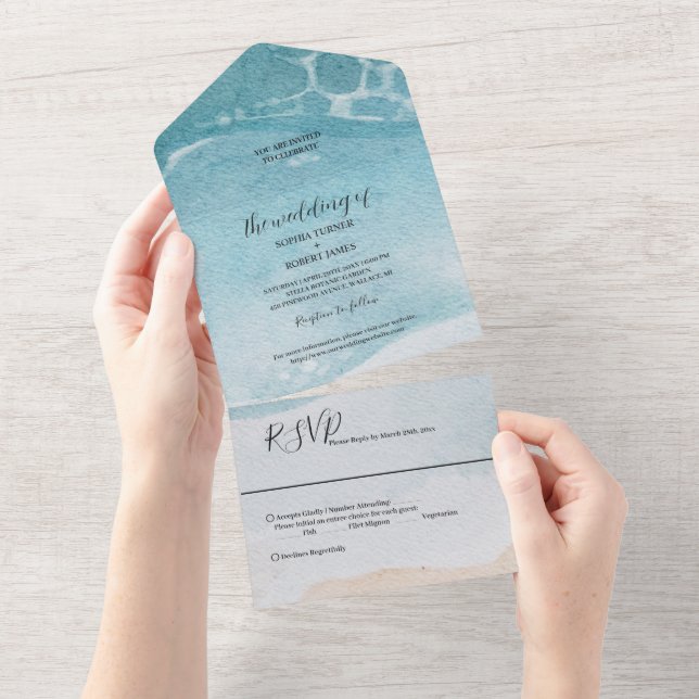 Invitación Todo En Uno Boda de playa azul de verano (desgarro)