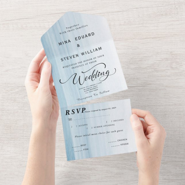 Invitación Todo En Uno Boda de playa con acuarela moderna  (desgarro)