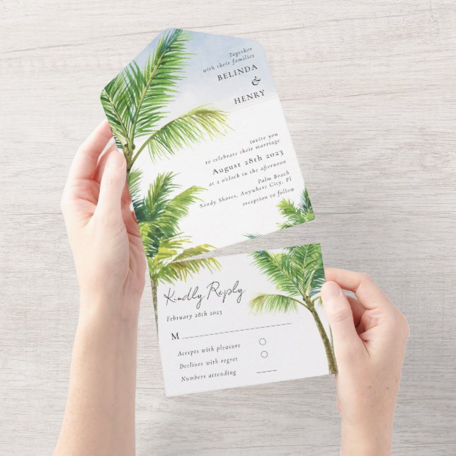 Invitación Todo En Uno Boda de Playa con Palma en Acuarela Todo en Uno (desgarro)