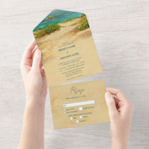 Invitación Todo En Uno Boda de playa costera con acuarela