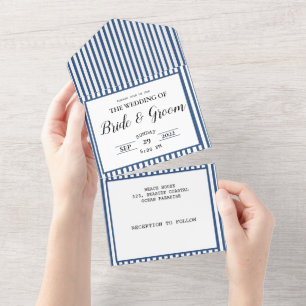 Invitación Todo En Uno Boda de playa costera con raya blanca azul marino