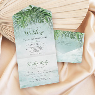 Invitación Todo En Uno Boda de playa de color verde de las hojas tropical