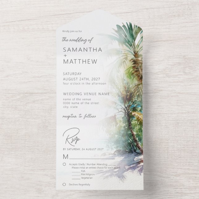 Invitación Todo En Uno Boda de Playa de Destino Tropical (Interior)
