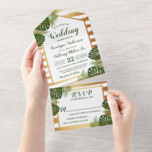 Invitación Todo En Uno Boda de playa de hojas de palmera verde y Relieve