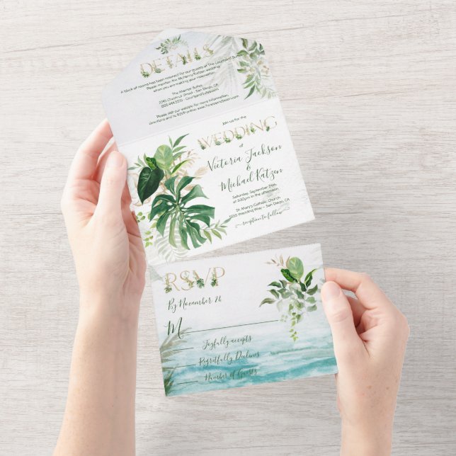 Invitación Todo En Uno Boda de playa de hojas tropicales (desgarro)