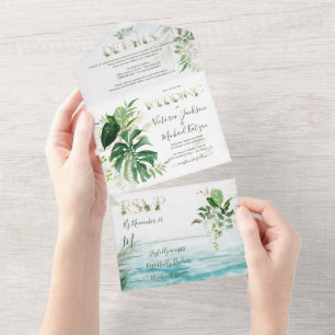 Invitación Todo En Uno Boda de playa de hojas tropicales