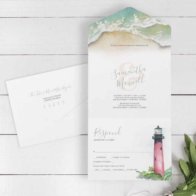 Invitación Todo En Uno Boda De Playa Júpiter Lighthouse En Florida (All in one beach wedding invitation ocean and lighthouse watercolor art by Victoria Grigaliunas)
