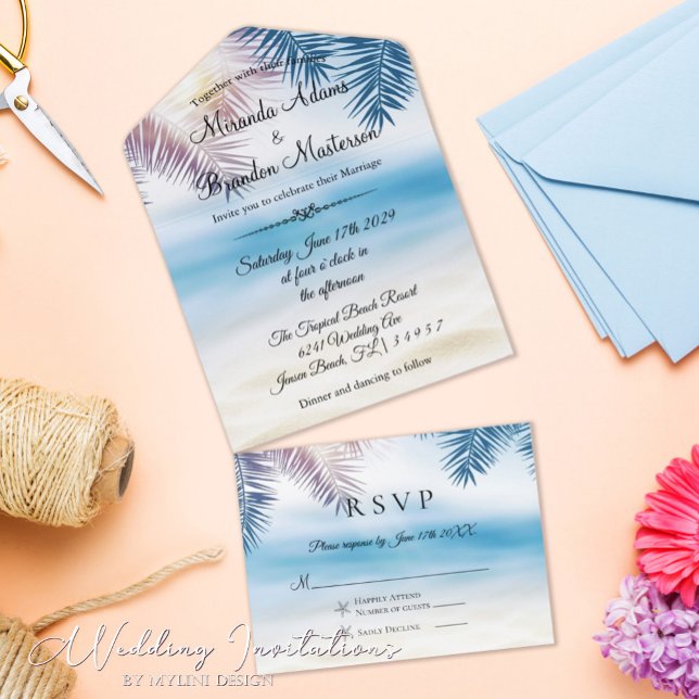 Invitación Todo En Uno Boda de Playa Palm Tropical de Verano Azul Océano  (Subido por el creador)
