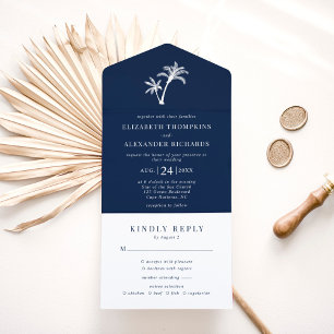Invitación Todo En Uno Boda de Playa Tropical con Árbol de Palma Azul de 