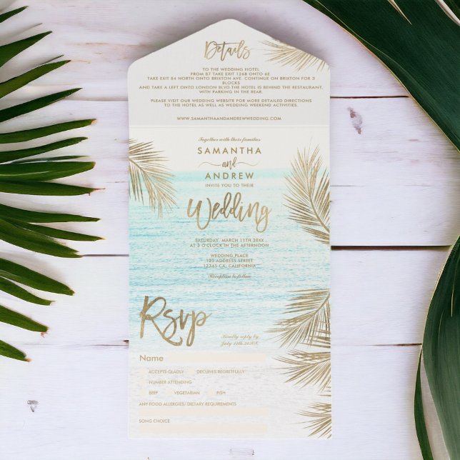 Invitación Todo En Uno Boda de playa tropical con palmera dorada de moda  (Modern chic gold palm tree tropical beach wedding all in one invitation)