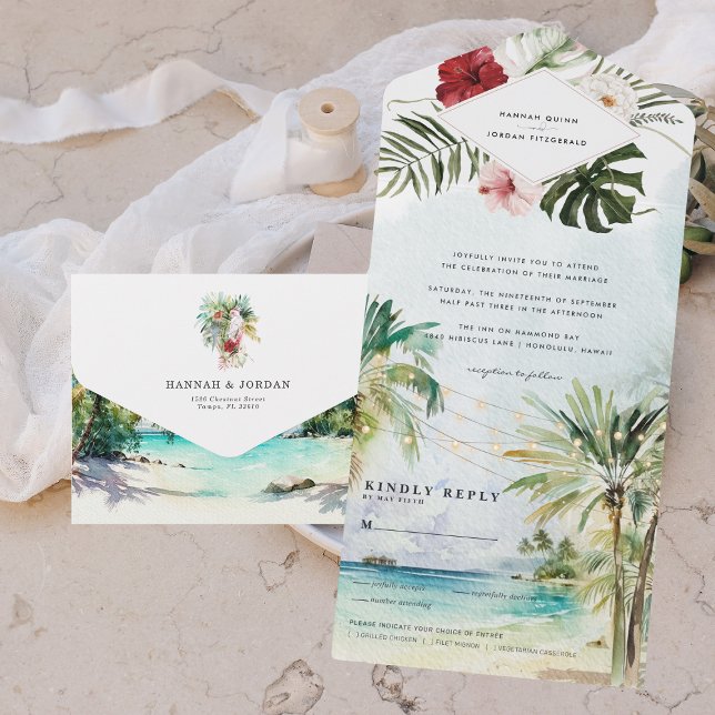 Invitación Todo En Uno Boda de Playa Tropical Palm Tree (Subido por el creador)