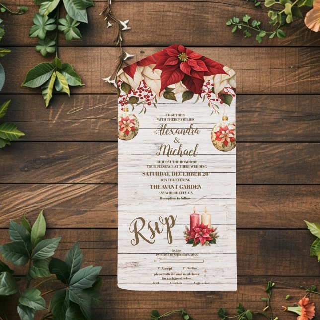 Invitación Todo En Uno Boda de Poinsettia Rustic White Wood (Subido por el creador)