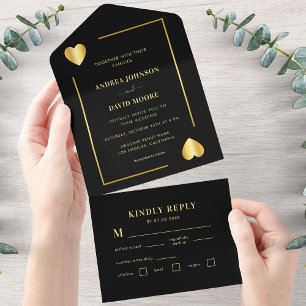 Invitación Todo En Uno Boda de póquer de Vegas Gold y Black Heart Frame