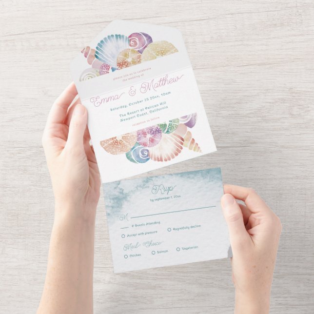 Invitación Todo En Uno Boda de presupuesto de la playa de acuarela de la  (desgarro)