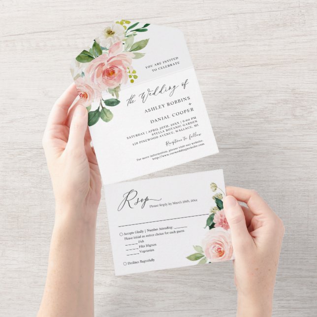 Invitación Todo En Uno Boda de presupuesto floral blanca rosada de Rubor (desgarro)