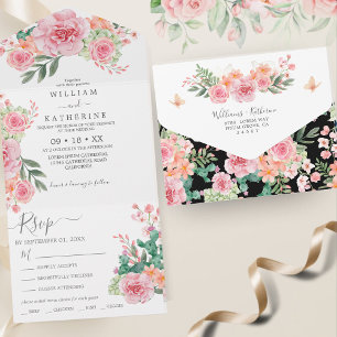 Invitación Todo En Uno Boda de presupuesto floral rosa negro y blanco