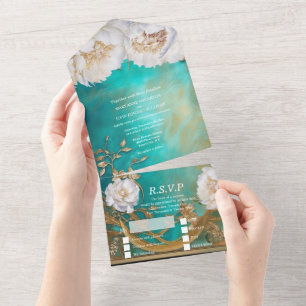 Invitación Todo En Uno Boda de primavera de verano con flores de oro verd