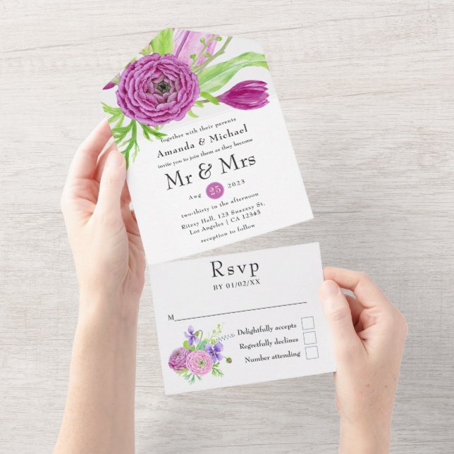 Invitación Todo En Uno Boda de primavera floral acuarela (desgarro)