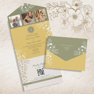 Invitación Todo En Uno Boda de primavera floral salvia y amarillo
