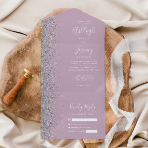 Invitación Todo En Uno Boda de Purpura Lila Plateado Glitter Moderno Polv