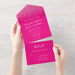 Invitación Todo En Uno Boda de Purpurina con Degradado Rosa Fucsia
