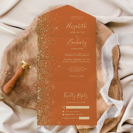 Invitación Todo En Uno Boda de Purpurina de oro Naranja quemado moderno