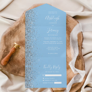 Invitación Todo En Uno Boda de purpurina de plata azul pastel moderna par