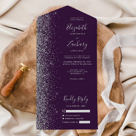 Invitación Todo En Uno Boda de Purpurina Plateada Oscura Moderna